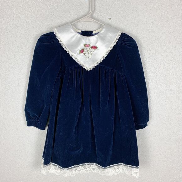 Vintage ROSE COTTAGE GIRLS SIZE 6 Navy Blue VELVET BIB DRESS LACE - Picture 1 of 3
